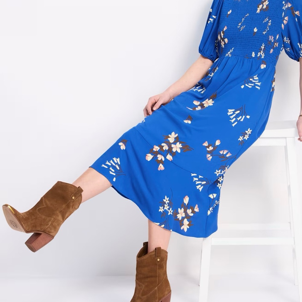 Blue Floral Smocked Midi Dress | Puff Sleeve | Elegant & Flattering